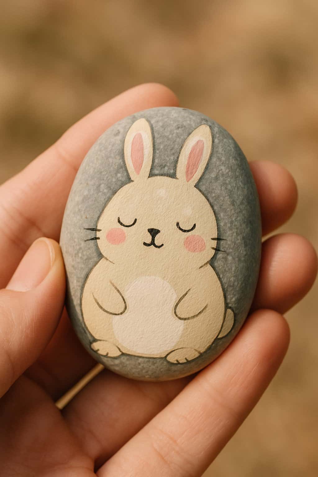 A hand holding a smooth river rock painted with a simple design of a chubby bunny with closed eyes.
