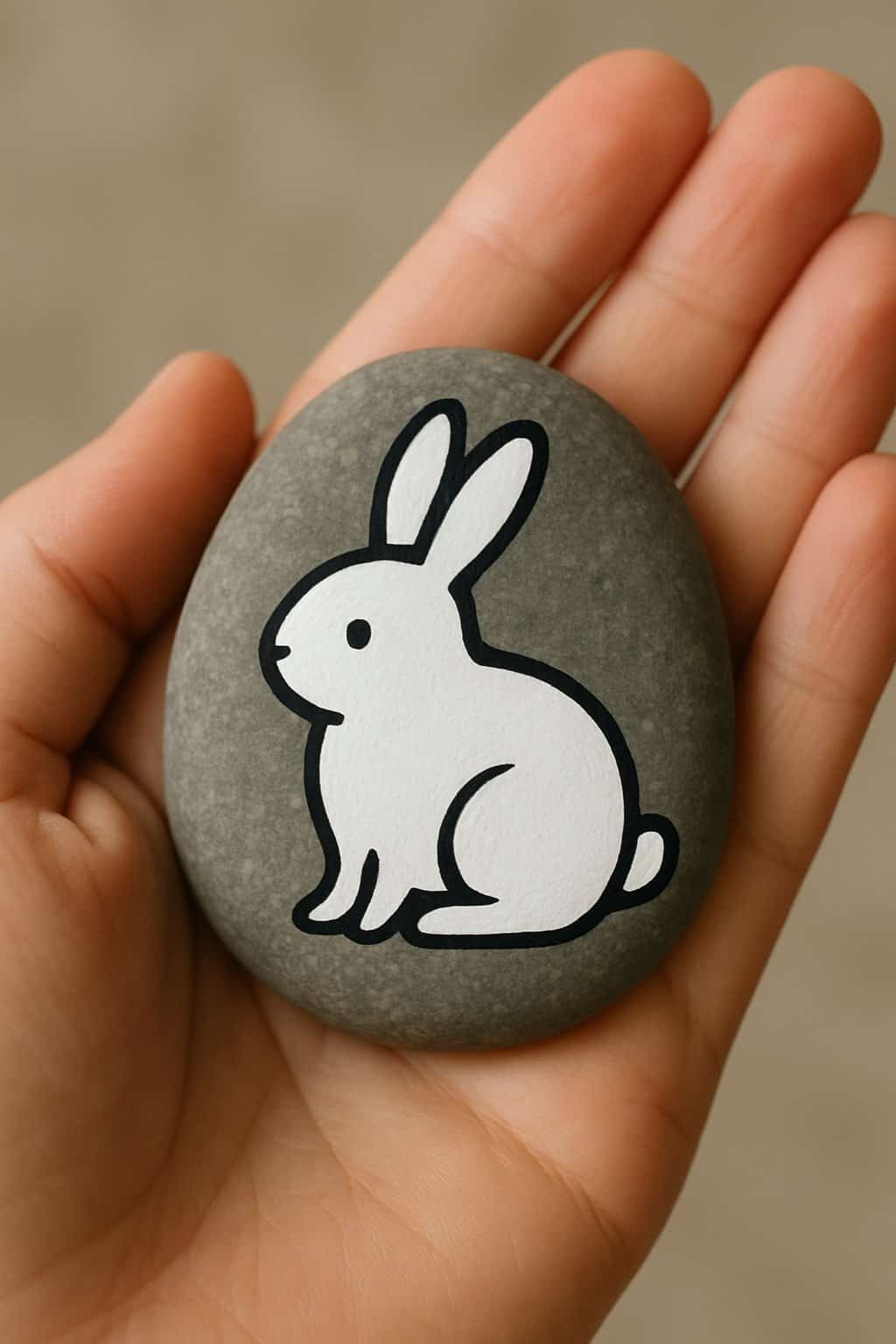 A hand holding a smooth river rock painted with a simple black and white bunny design.