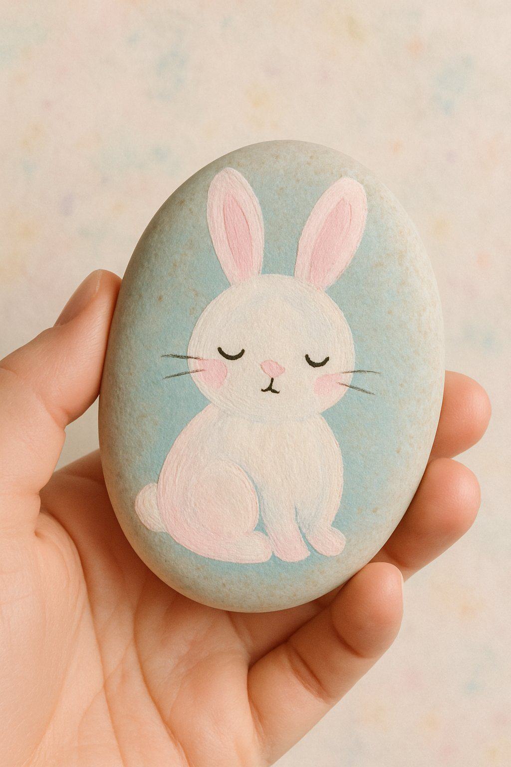 A hand holding a smooth river rock painted with a bunny design against a pastel speckled background.