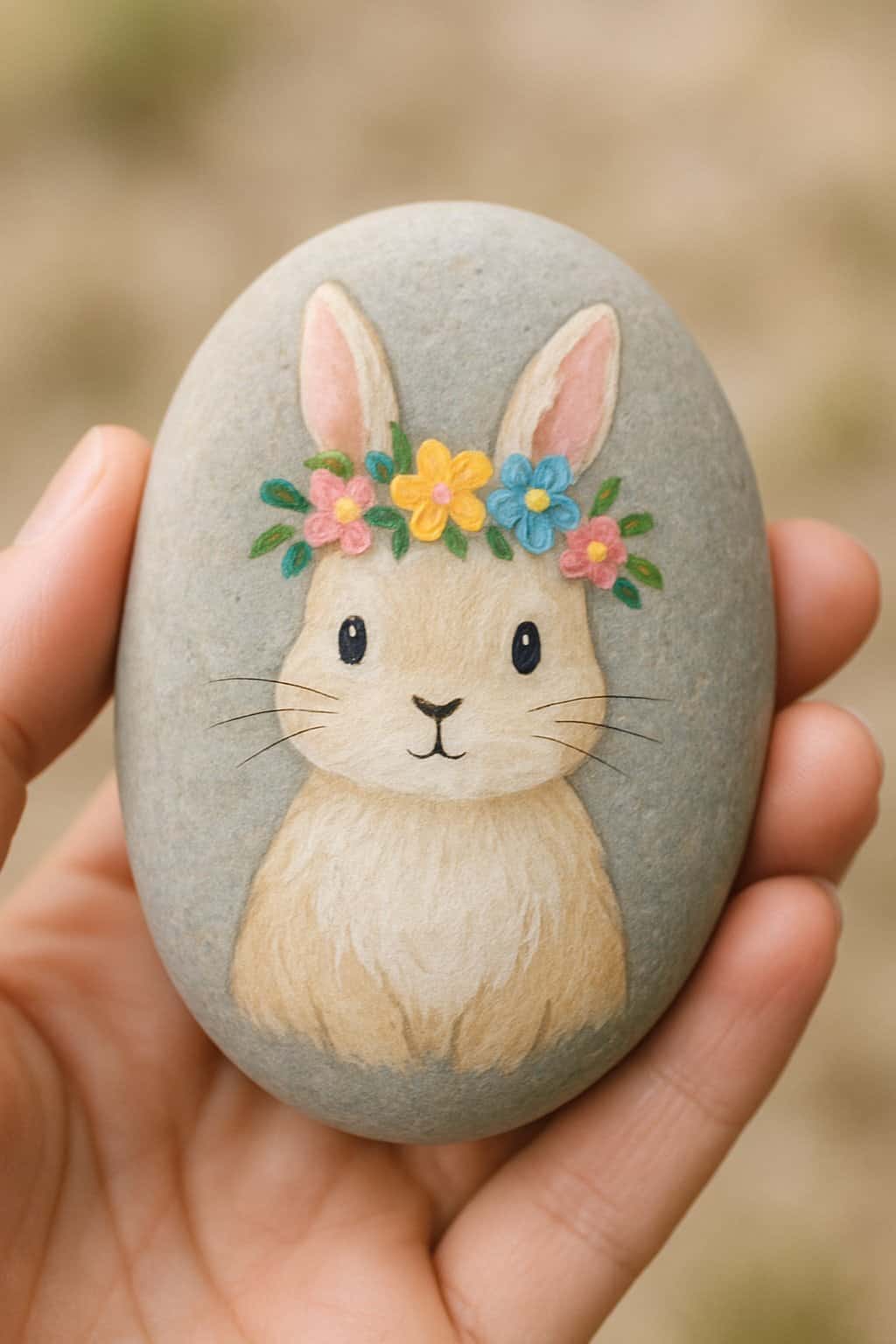 A hand holding a smooth river rock painted with a bunny wearing a flower crown.