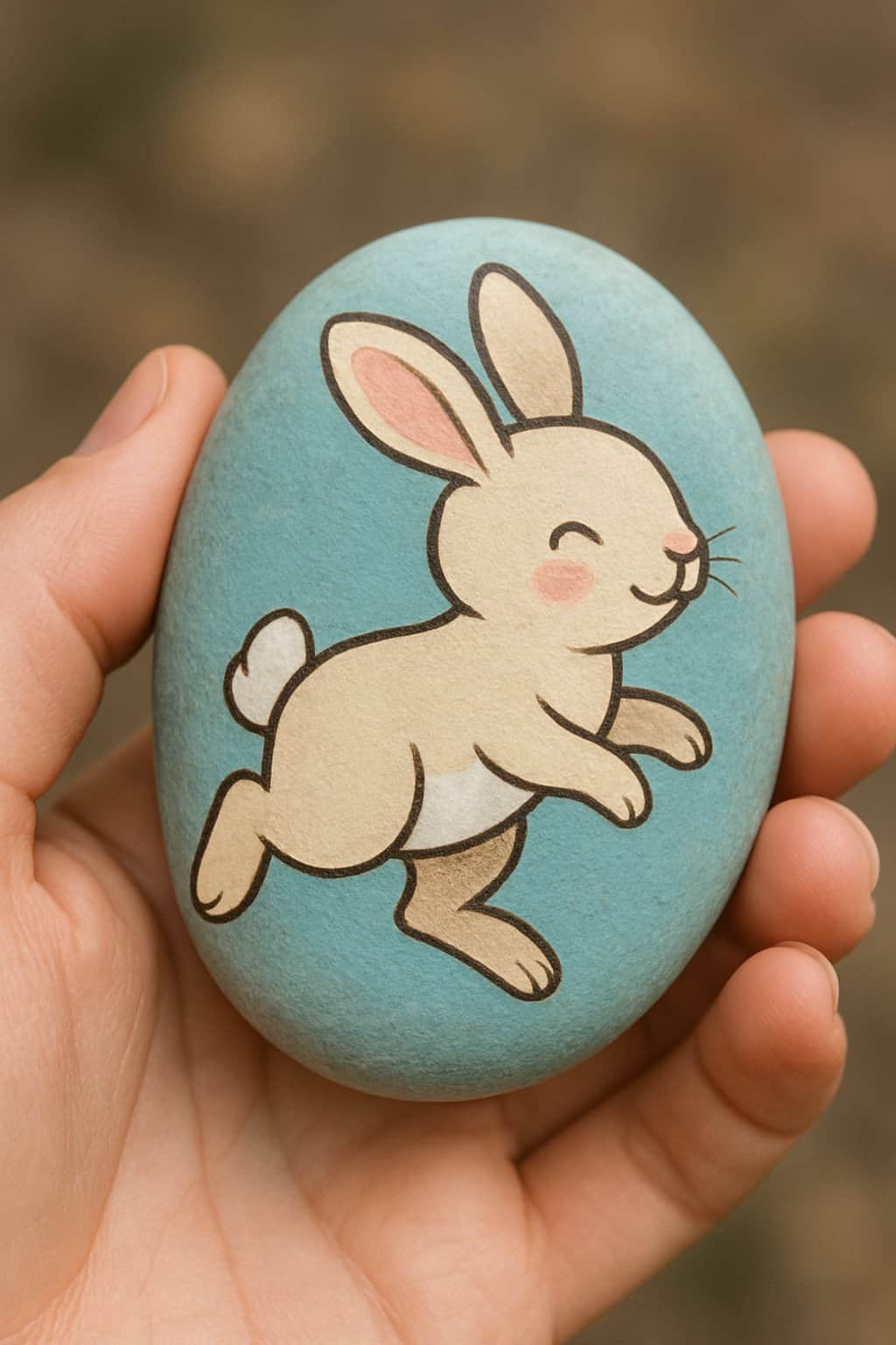 A hand holding a smooth river rock painted with a simple cartoon bunny design.