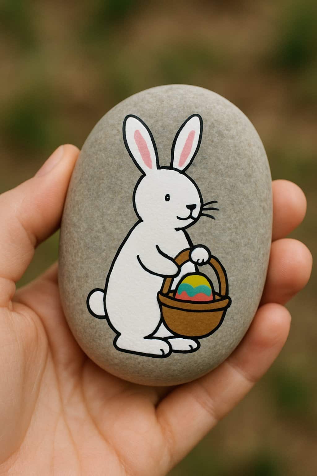 A hand holding a smooth river rock painted with a bunny holding an Easter basket.