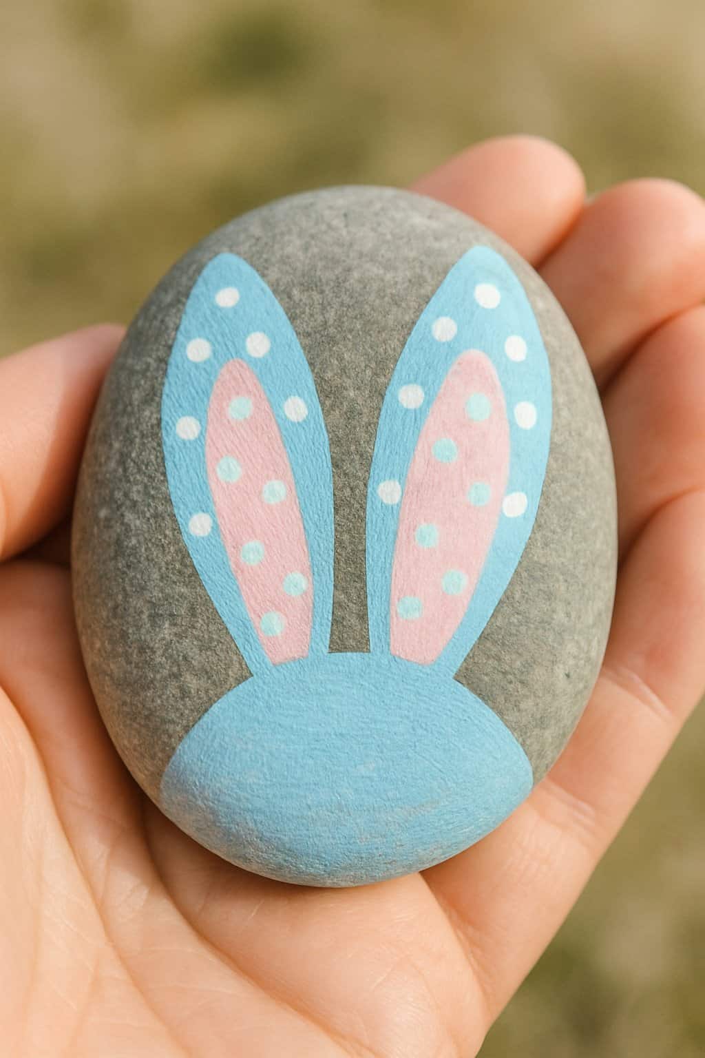 A hand holding a smooth river rock painted with polka dot bunny ears.