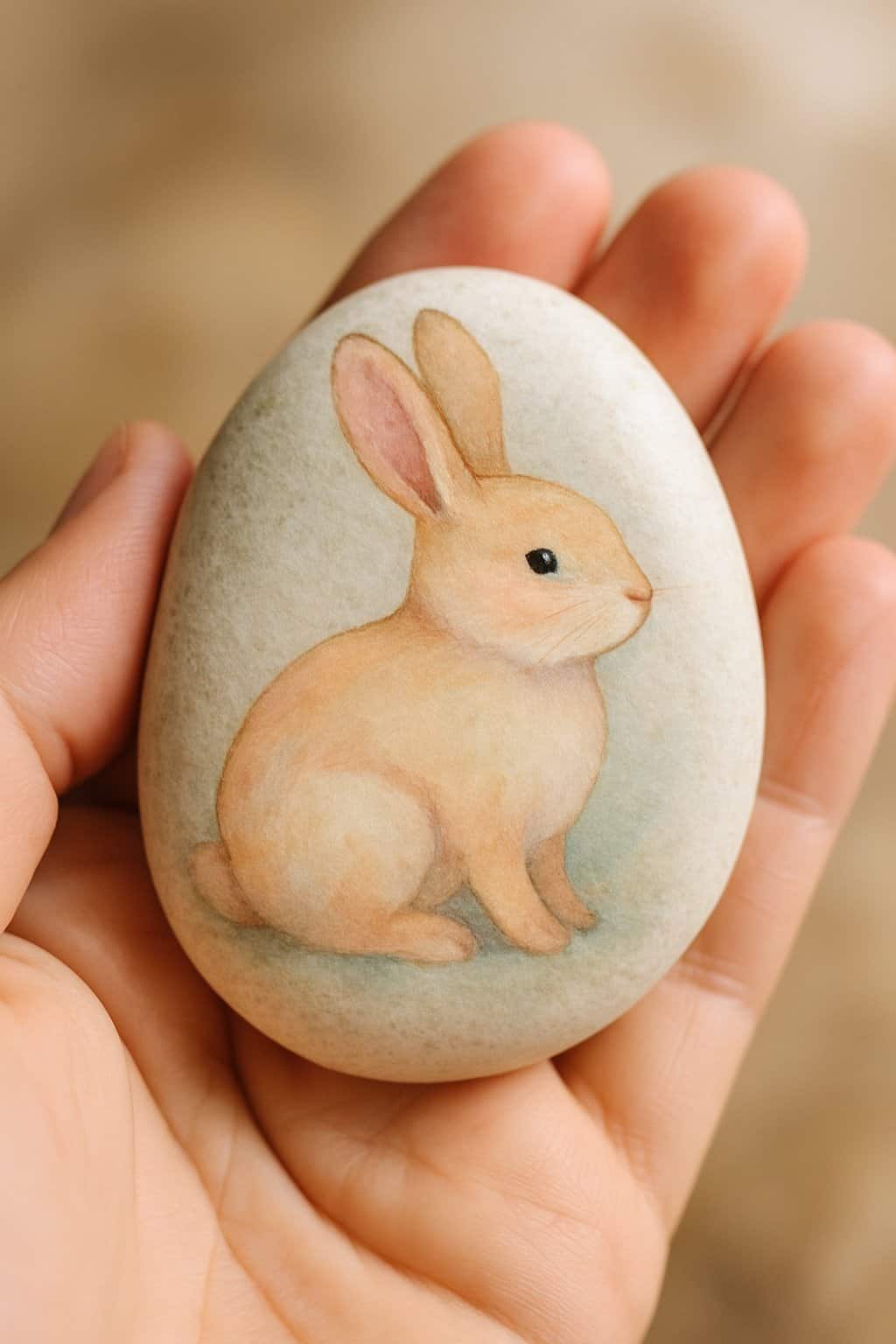 A hand holding a smooth river rock painted with a simple bunny design.