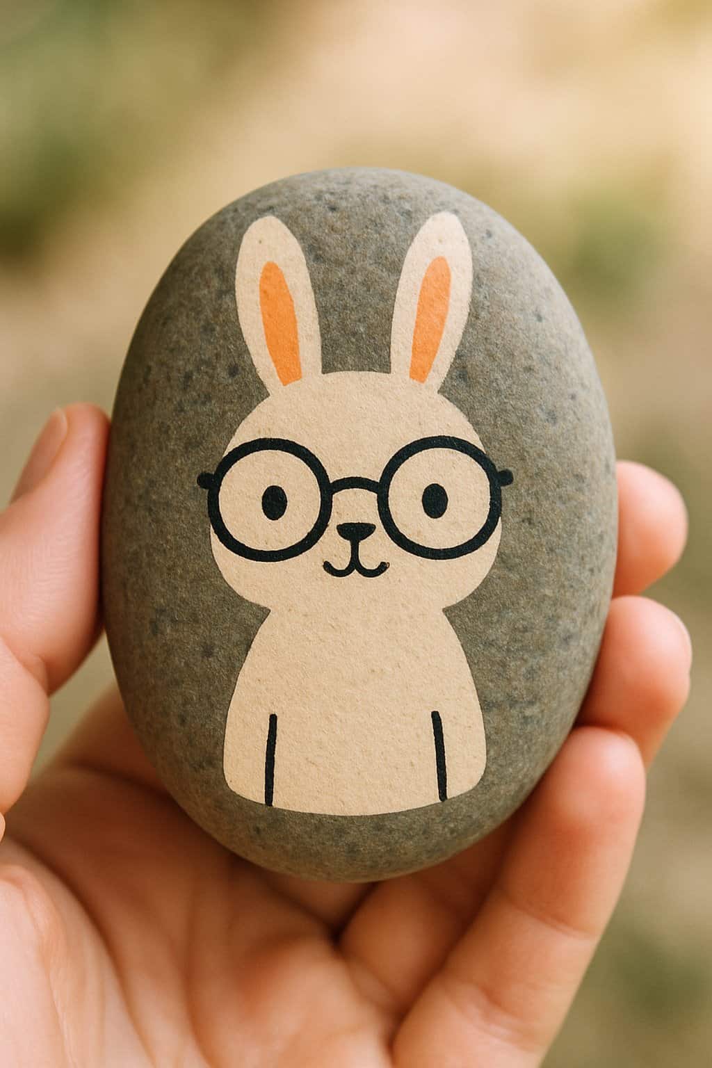 A hand holding a smooth river rock painted with a bunny wearing glasses.