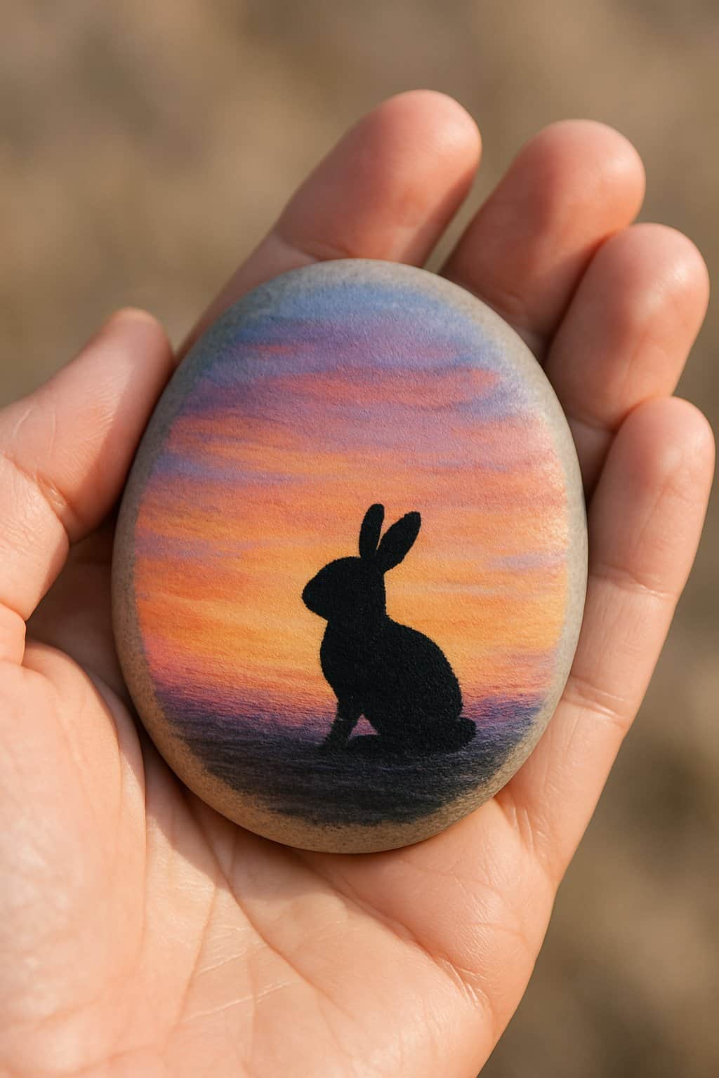 A hand holding a smooth river rock painted with a bunny against a sunset sky.