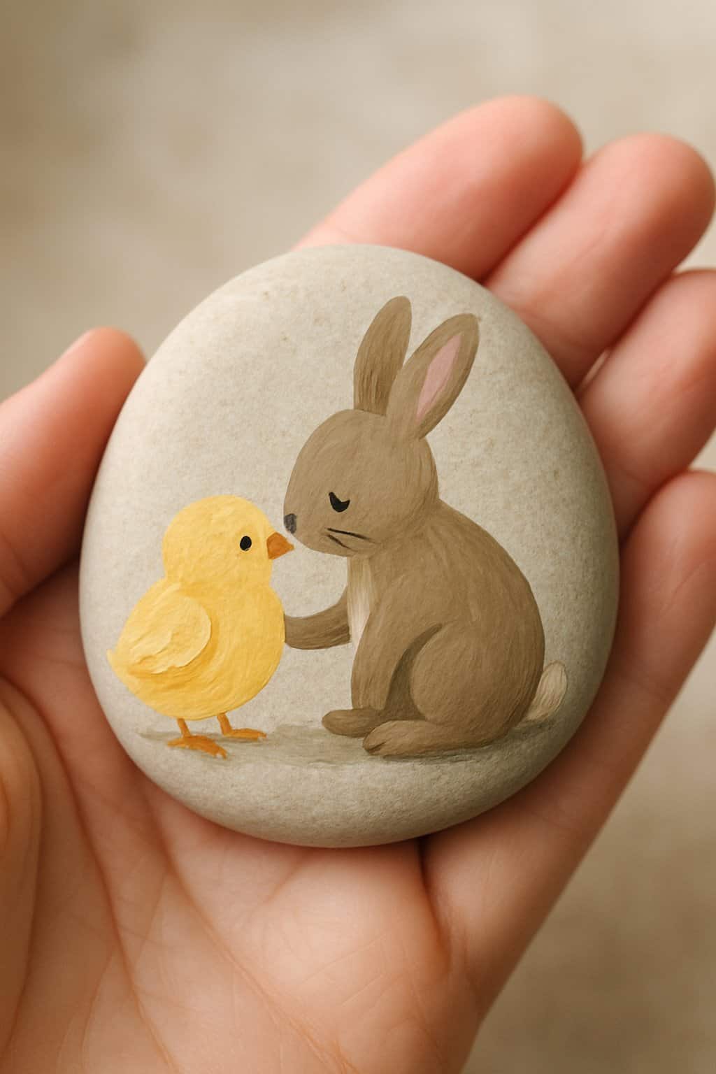 A hand holding a smooth river rock painted with a bunny and chick design.