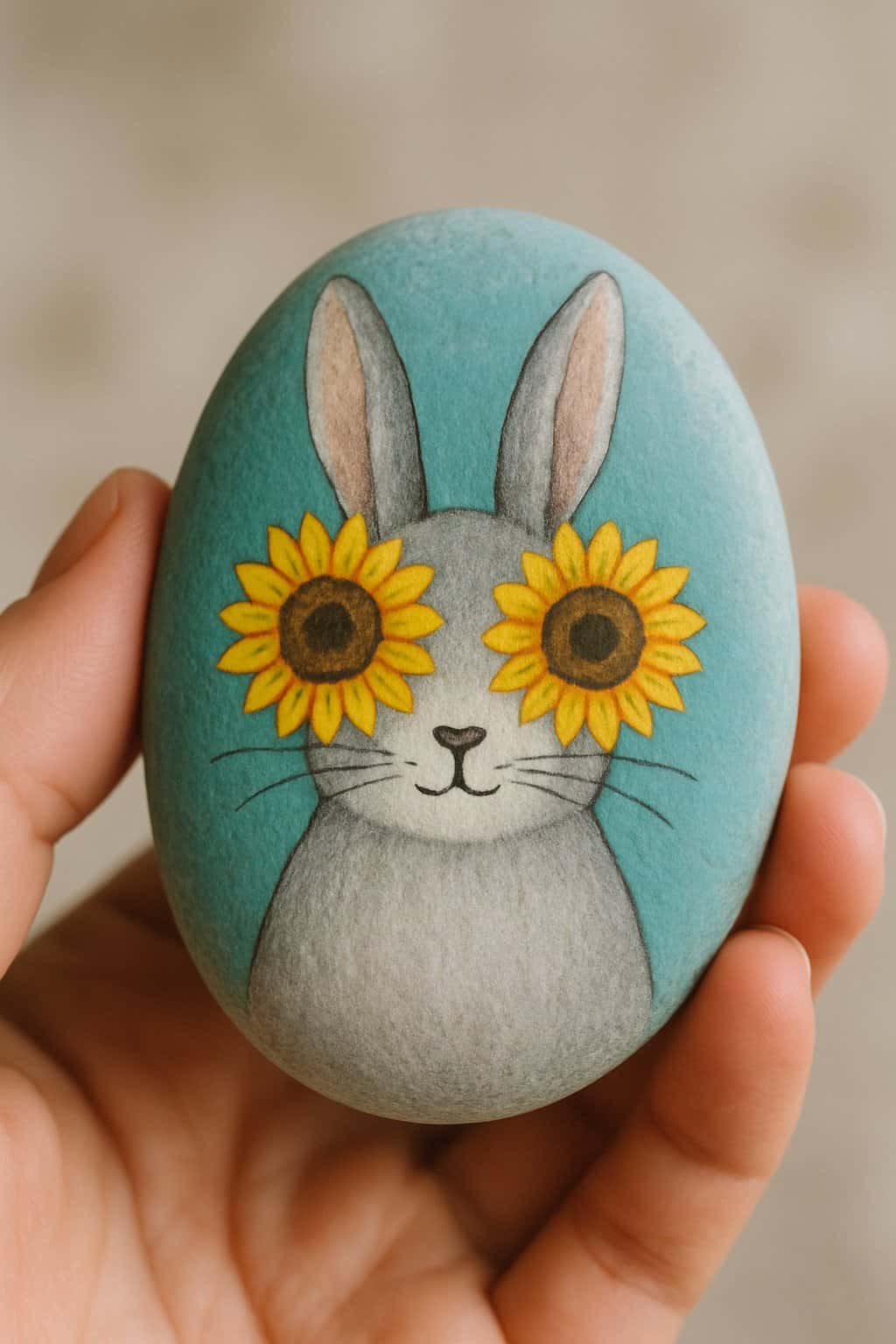 A hand holding a smooth river rock painted with a bunny design featuring sunflower eyes.