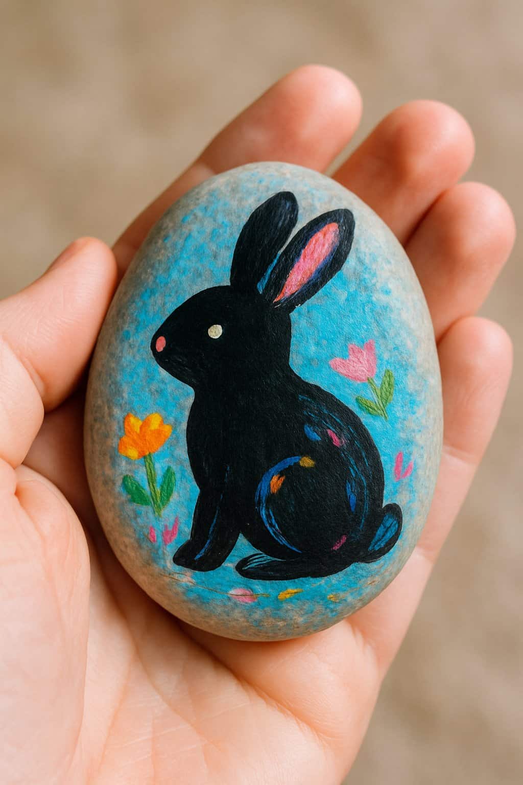 A hand holding a smooth river rock painted with a black bunny and colorful accents.