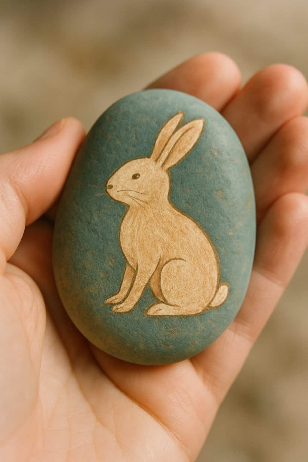 A hand holding a smooth river rock with a painted bunny design.