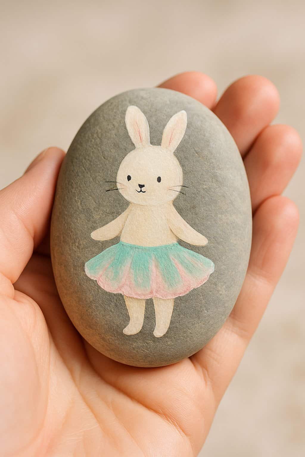 A hand holding a smooth river rock painted with a bunny wearing a tutu skirt.
