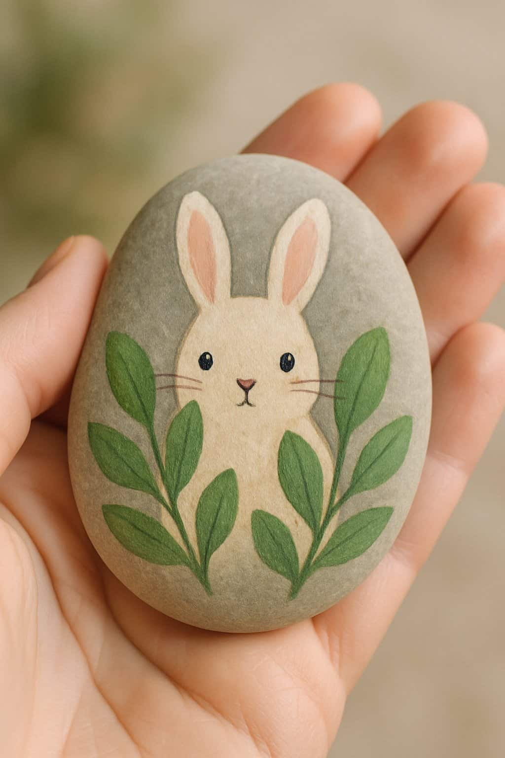 A hand holding a smooth river rock painted with a bunny peeking from behind leaves.