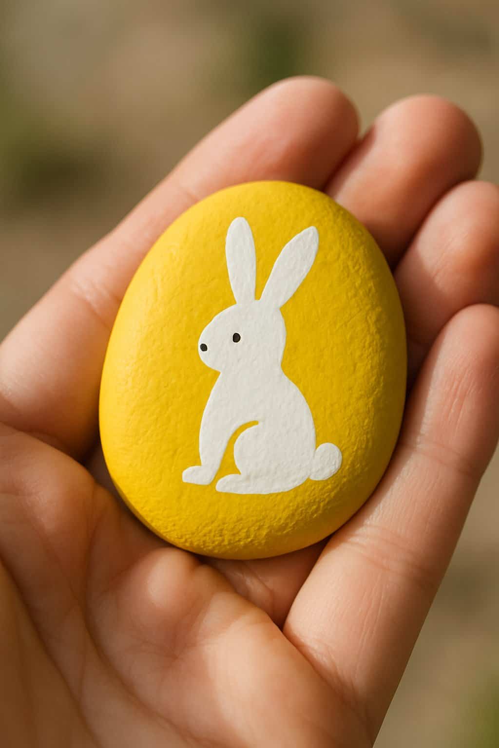 A hand holding a smooth river rock painted with a bright yellow Easter bunny design.