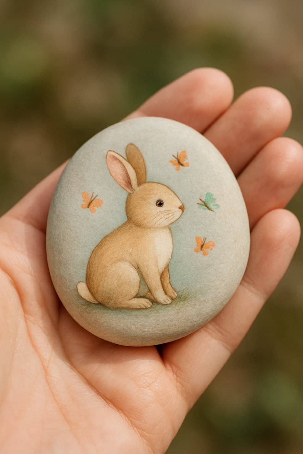 A hand holding a smooth river rock painted with a small bunny and tiny butterflies.