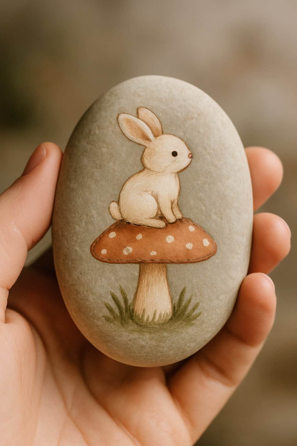 A hand holding a smooth river rock painted with a small bunny sitting on a mushroom.