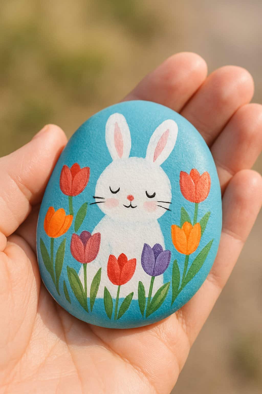 A hand holding a smooth river rock painted with a bunny surrounded by tulip flowers.