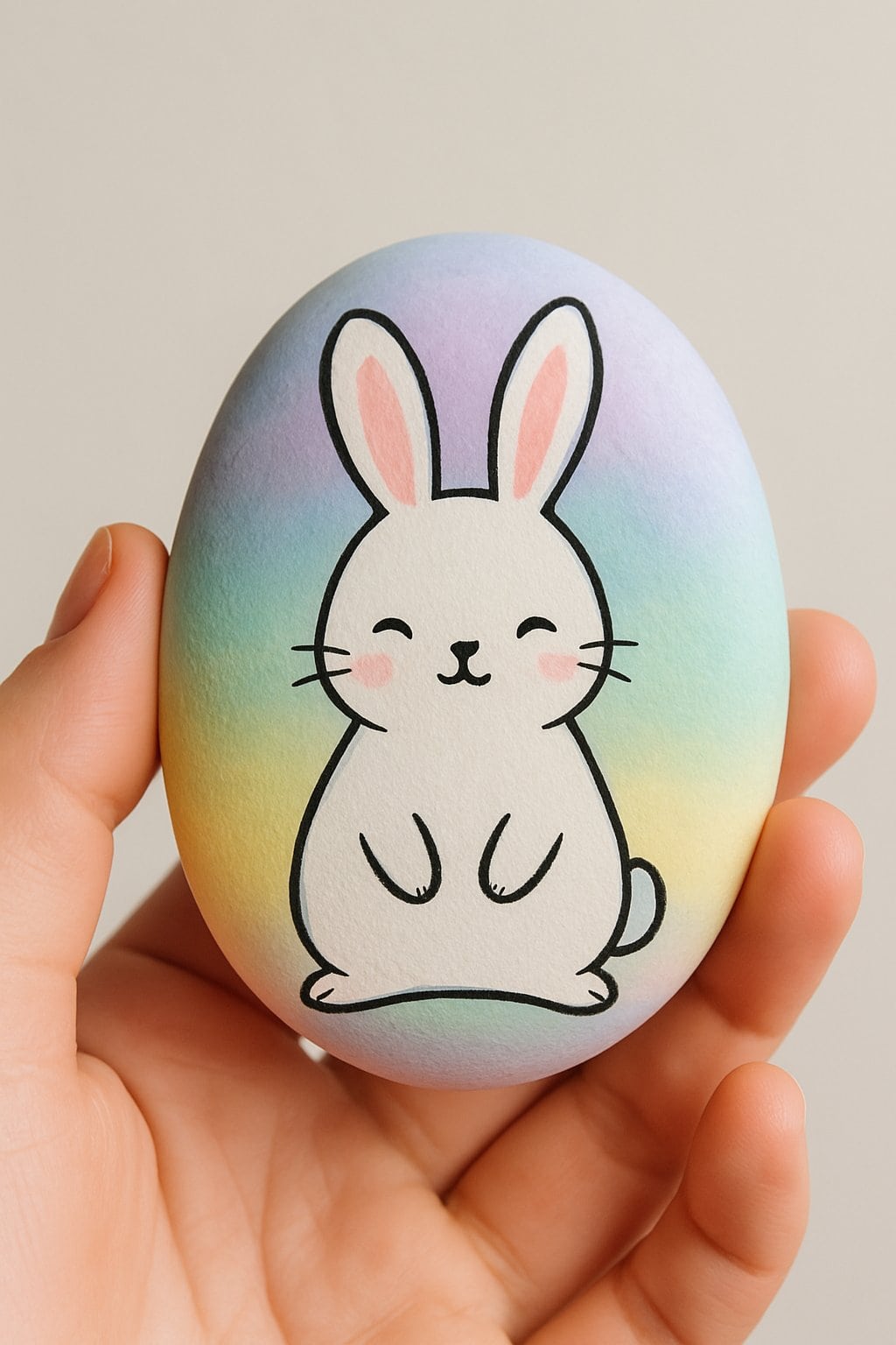 A hand holding a smooth river rock painted with a bunny and pastel ombré background.