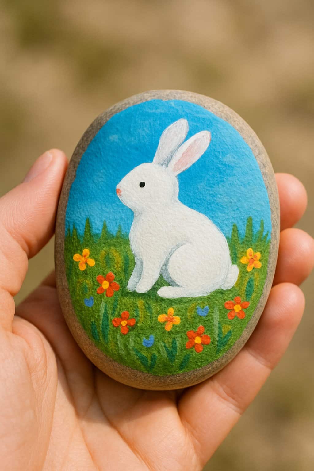 Hand holding a smooth river rock painted with a bunny and garden scene.