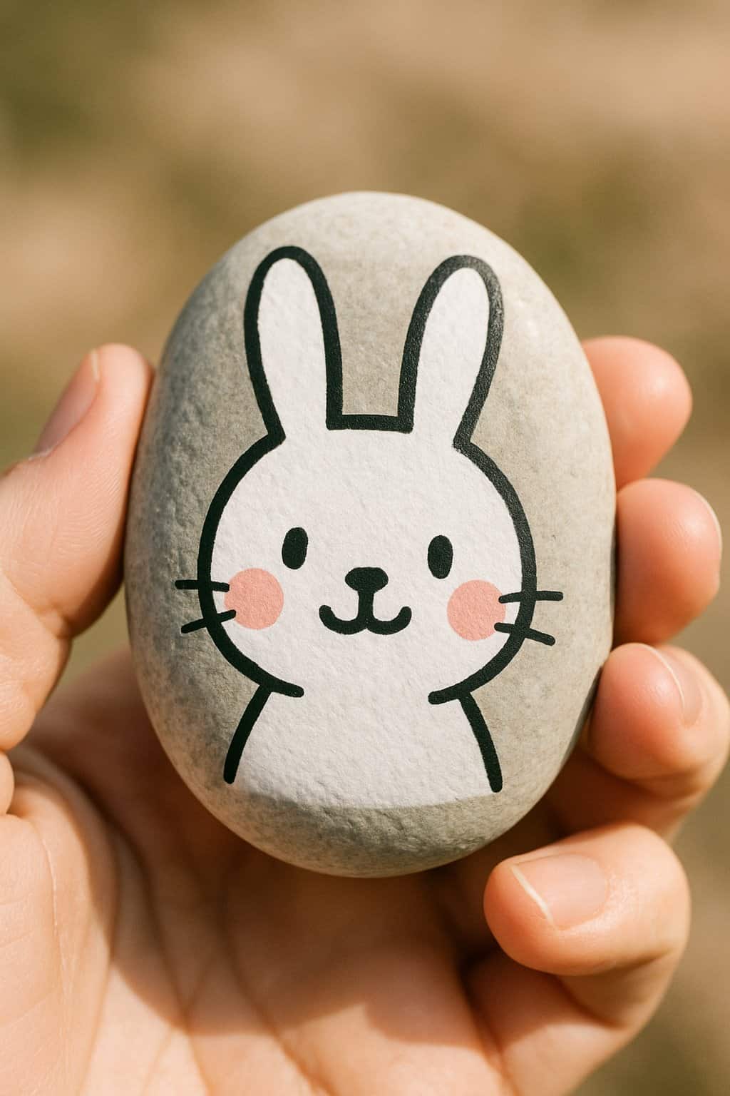 A hand holding a smooth river rock painted with a happy cartoon bunny face with blush.