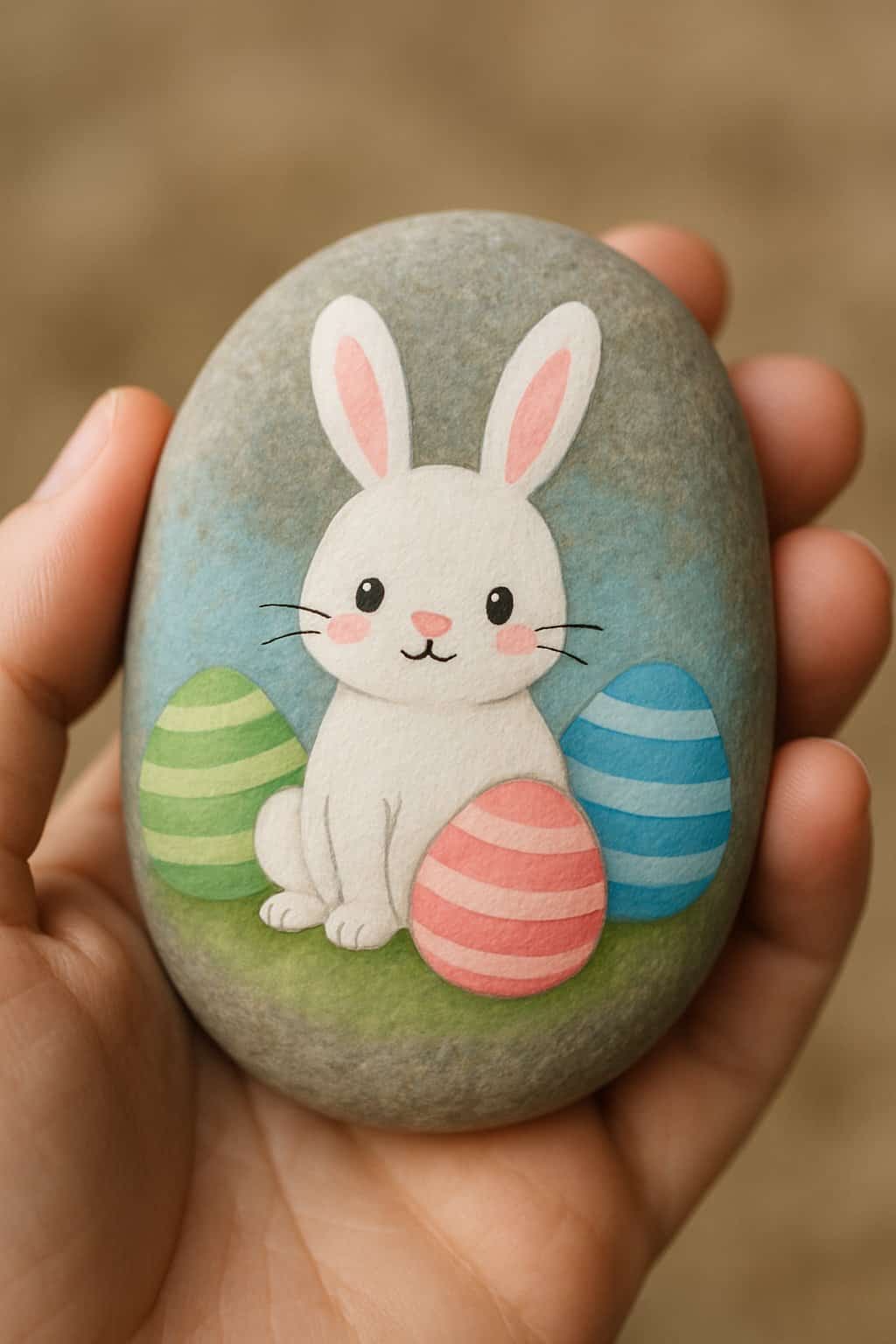 A hand holding a smooth river rock painted with a bunny and striped Easter eggs.