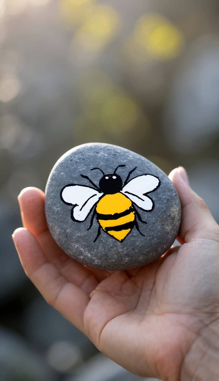 A hand holding a small painted river rock with a bee design.