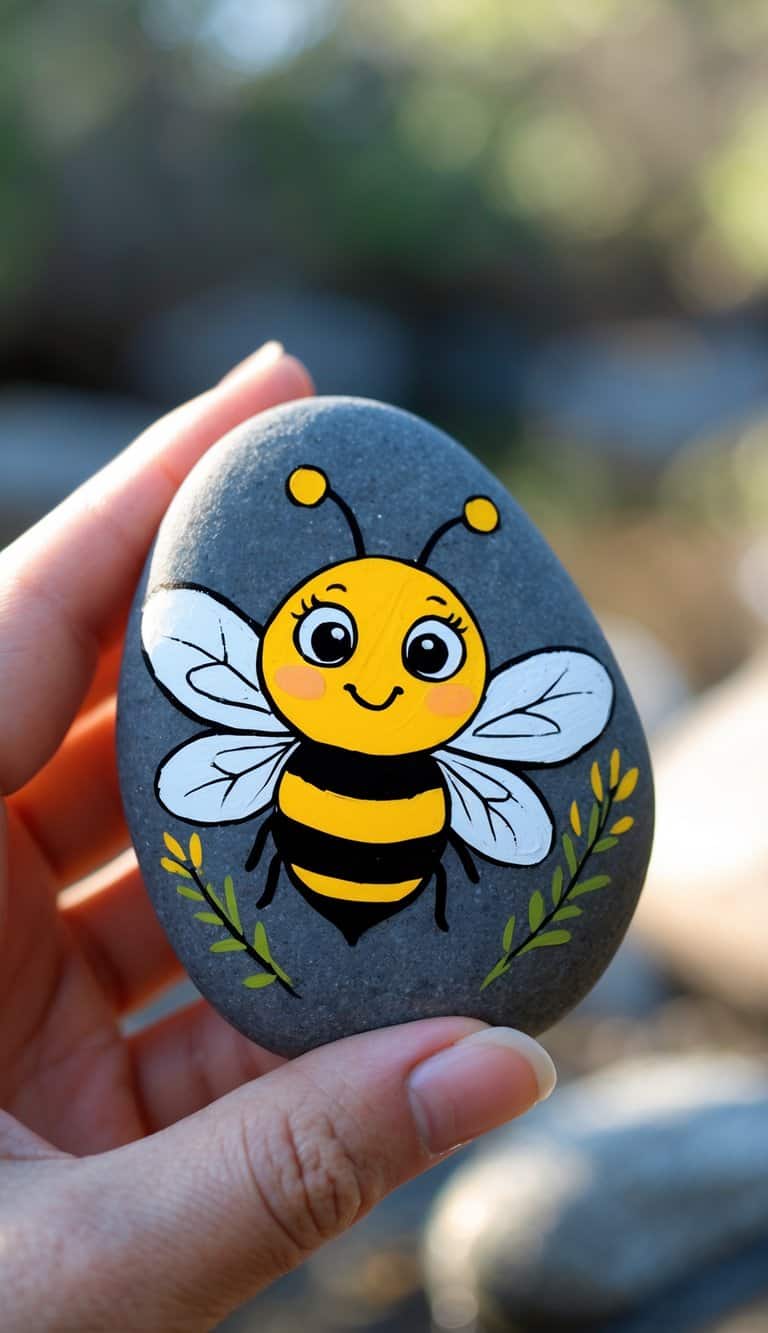 A hand holding a smooth river rock painted with a cute cartoon bee.