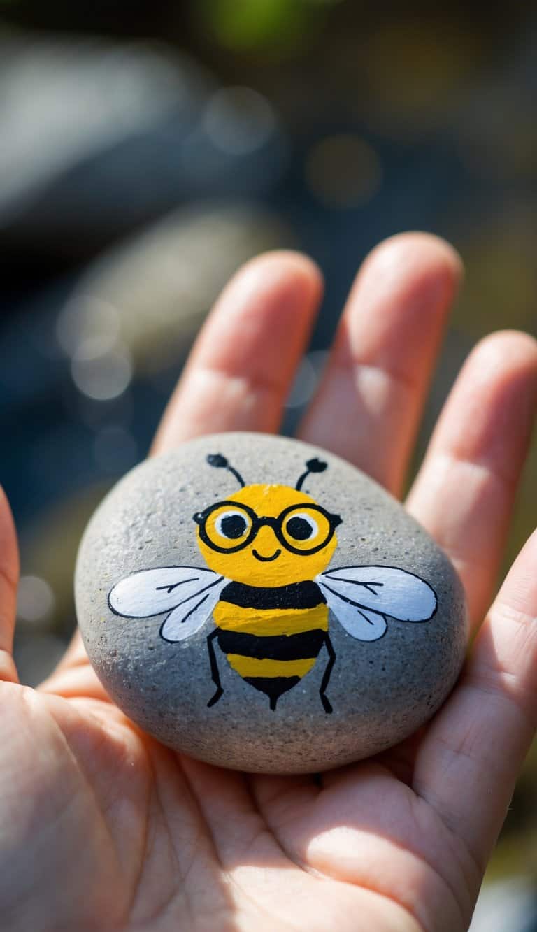 A hand holding a smooth river rock painted with a bee wearing tiny glasses.
