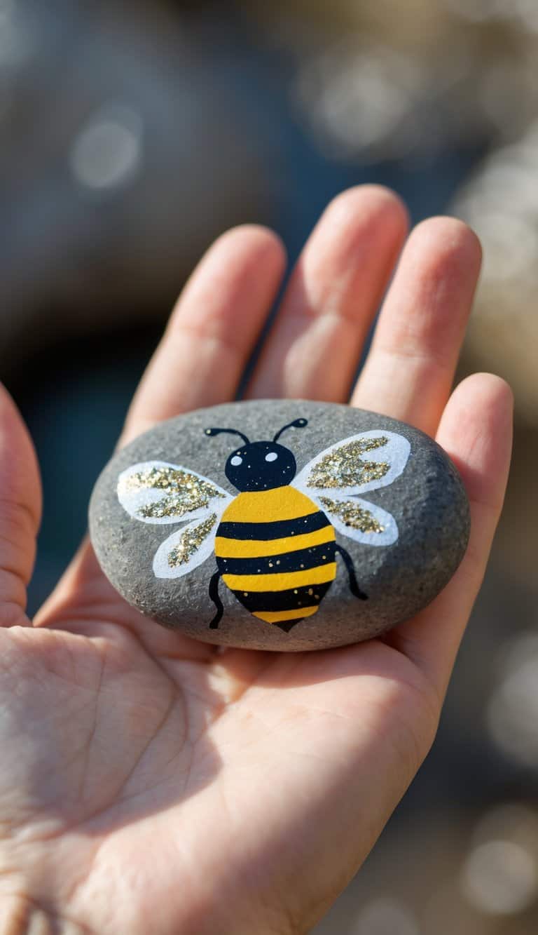 A hand holding a smooth river rock painted with a simple bee design with glitter accents.