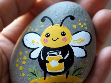 A hand holds a smooth gray stone painted with a cute cartoon bee holding a jar of honey, surrounded by yellow dots and green grass on a blurred background.