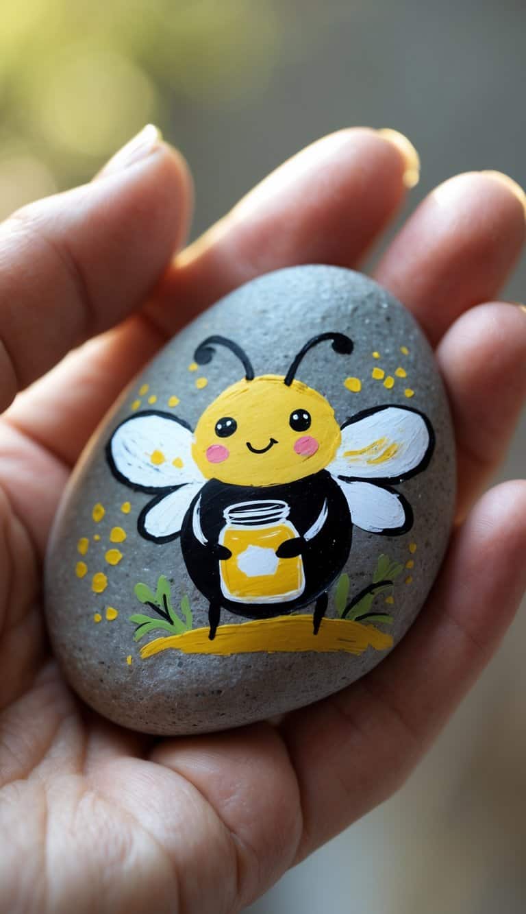 A hand holding a smooth river rock painted with a bee holding a tiny jar of honey.