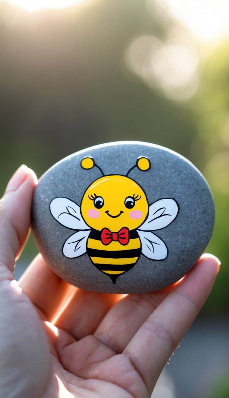 A hand holding a smooth river rock painted with a cartoon bee wearing a bow tie.