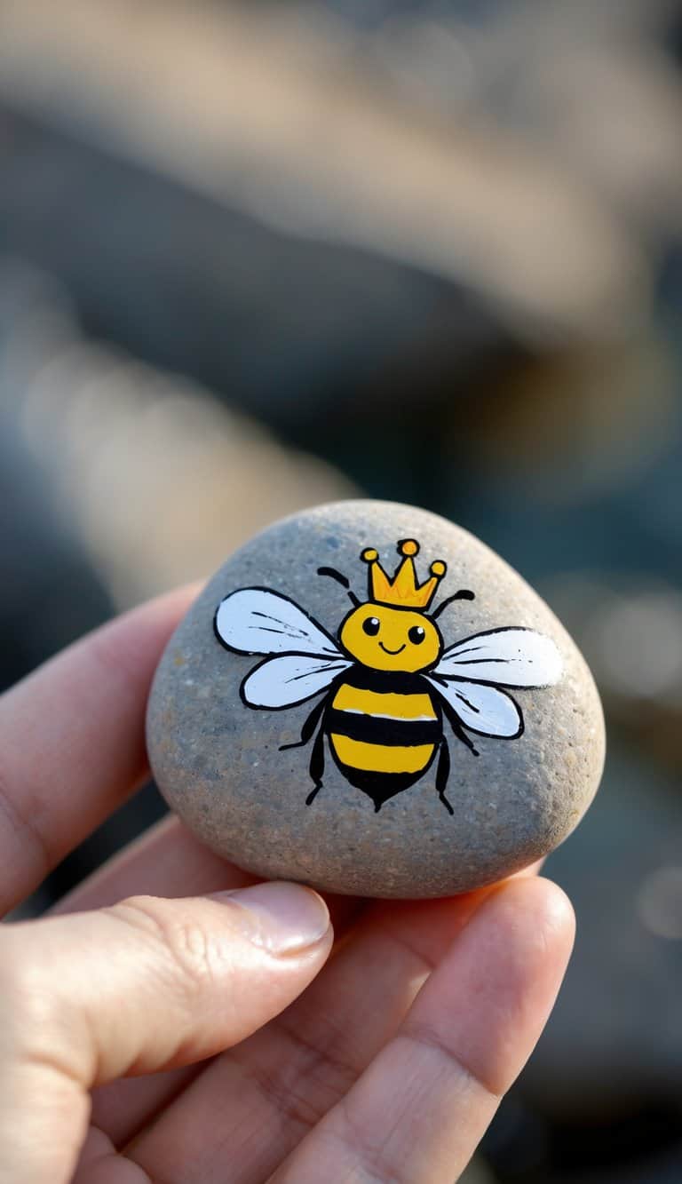 A hand holding a smooth river rock painted with a small bee wearing a tiny crown.