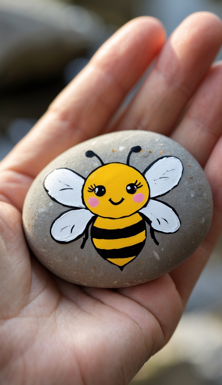A hand holding a smooth river rock painted with a cute bumblebee design.