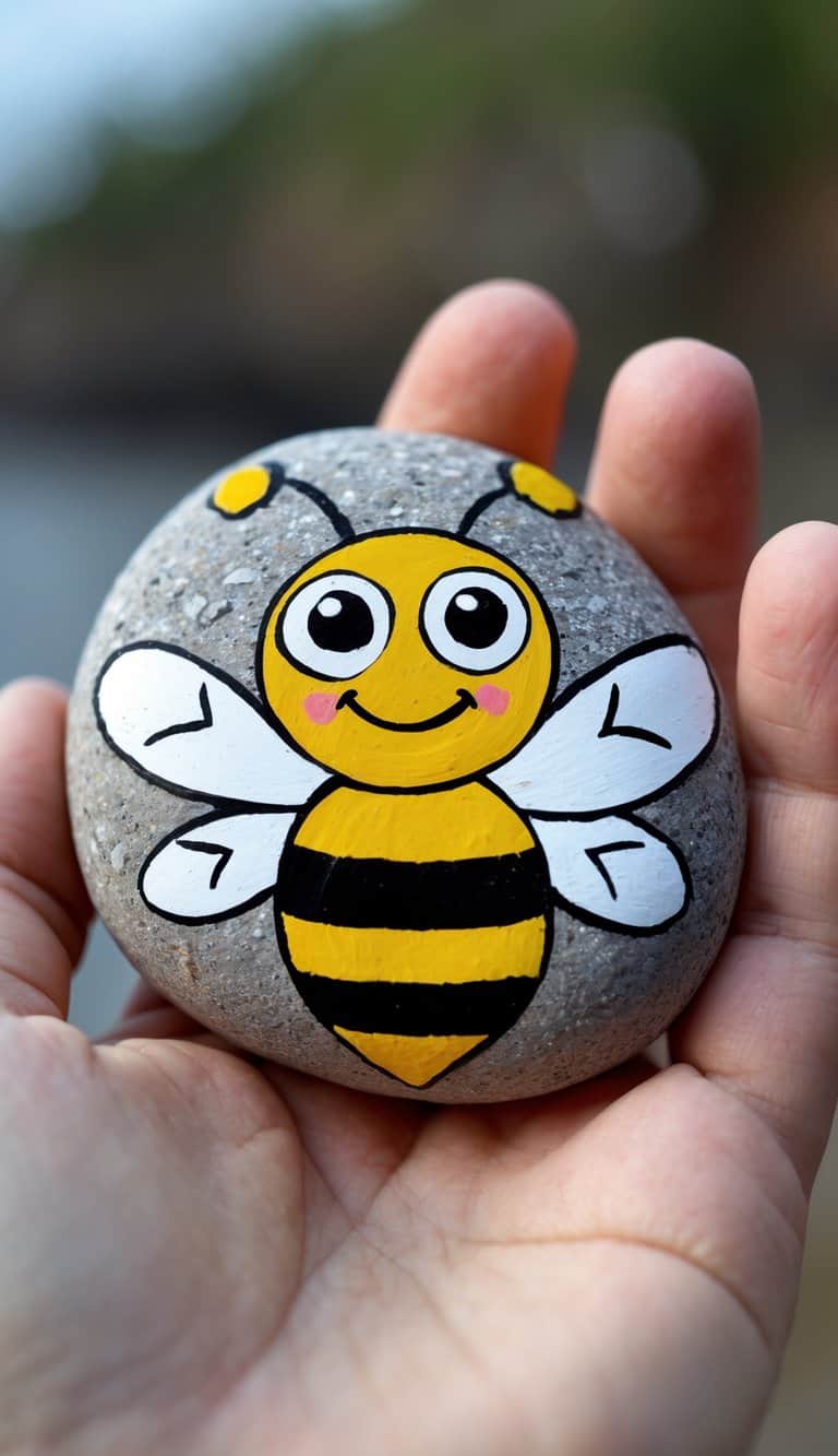 A hand holding a smooth river rock painted with a smiling bee with cartoon eyes.