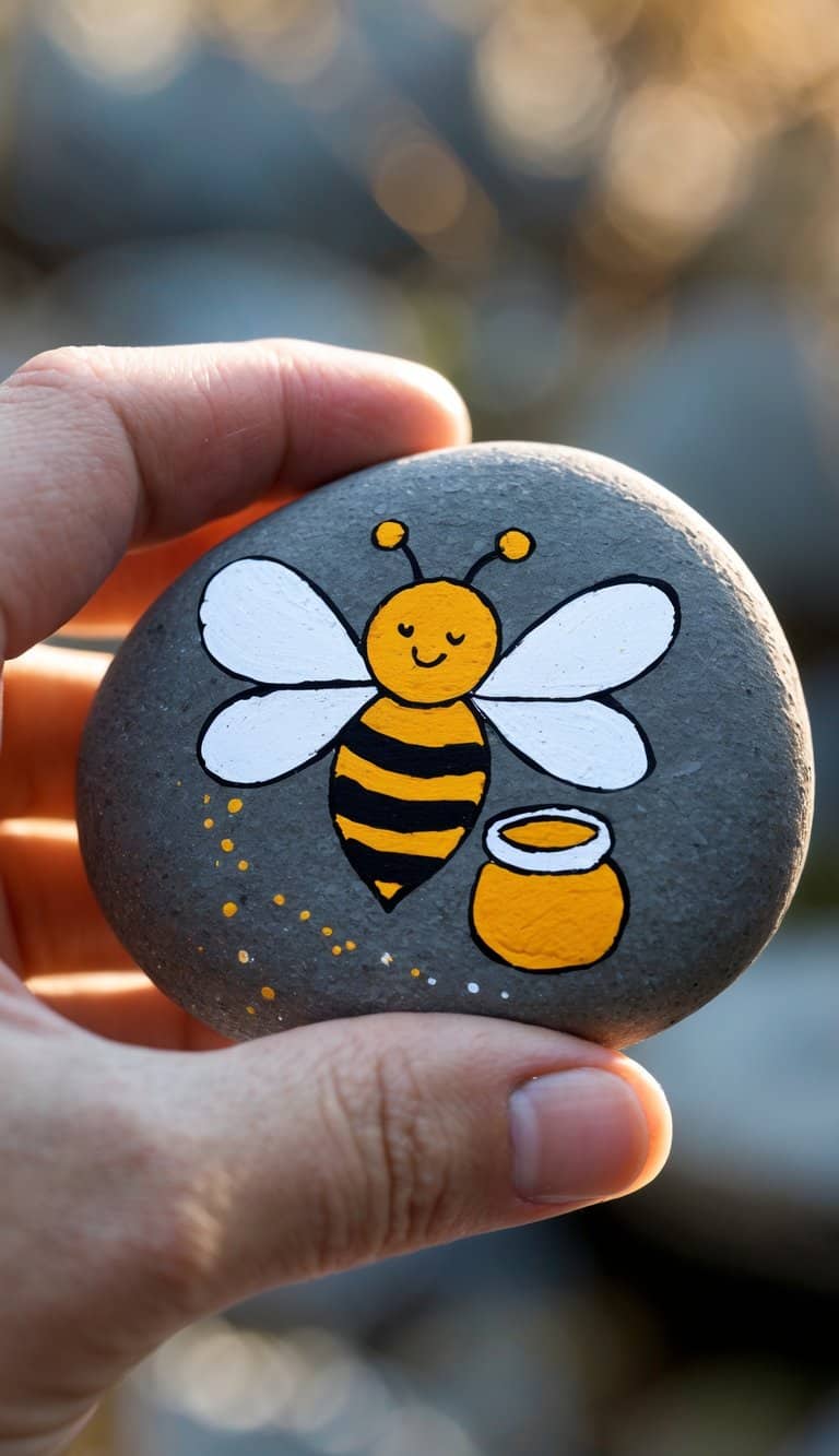 A hand holding a smooth river rock painted with a bee and honey pot design.