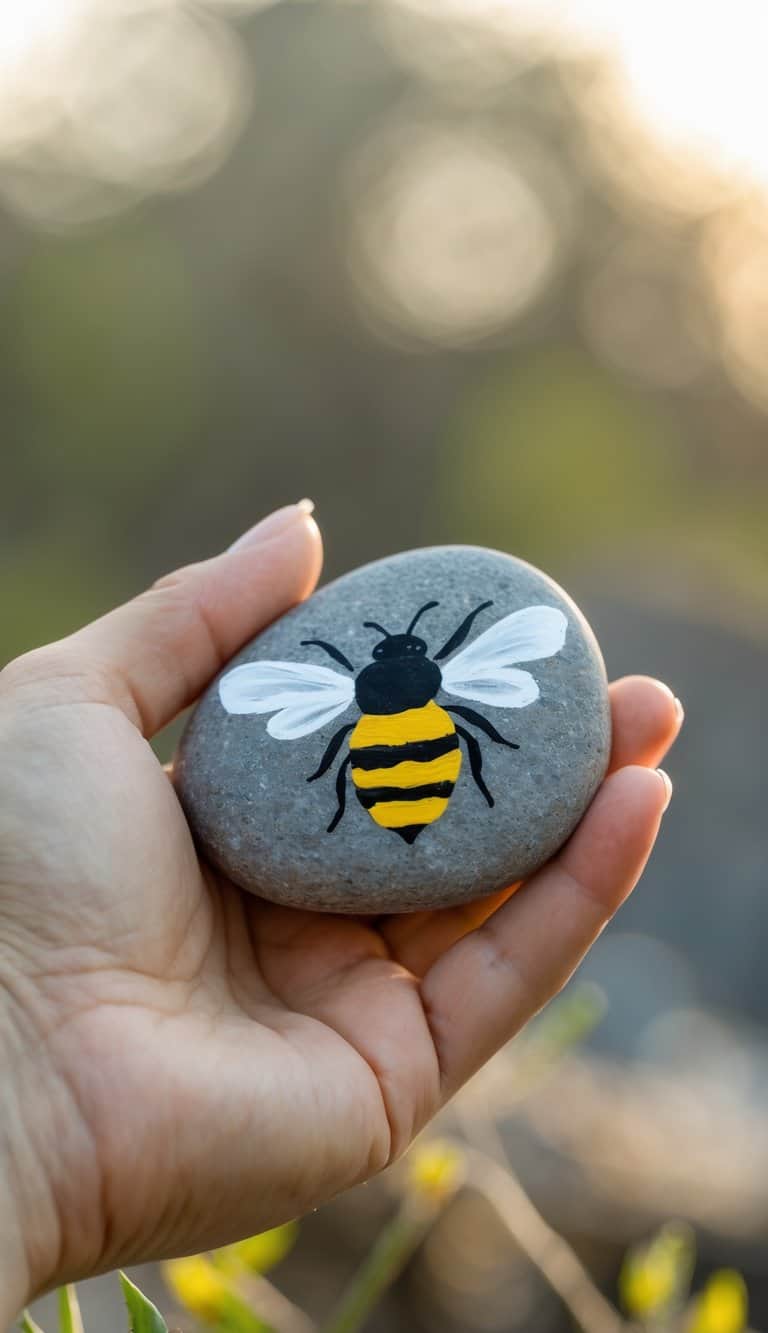 A hand holding a smooth river rock painted with a simple bee design.