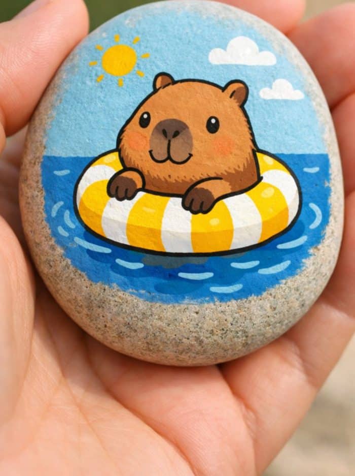 A hand holds a smooth stone painted with a cute capybara in a yellow and white striped float ring, relaxing on blue water under a sunny sky with clouds.