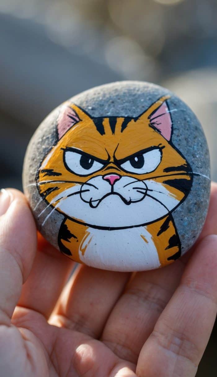 A hand holds a round stone painted with an illustration of an orange and black striped angry cat with furrowed brows and a frown.
