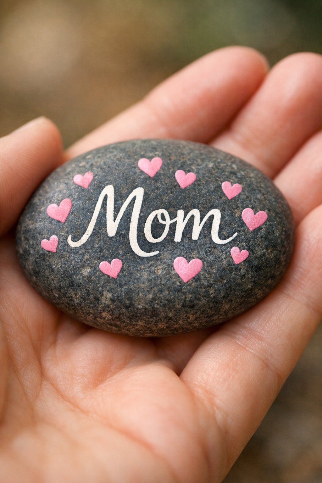 A hand holds a smooth, dark stone painted with the word "Mom" in white script, surrounded by small pink hearts.