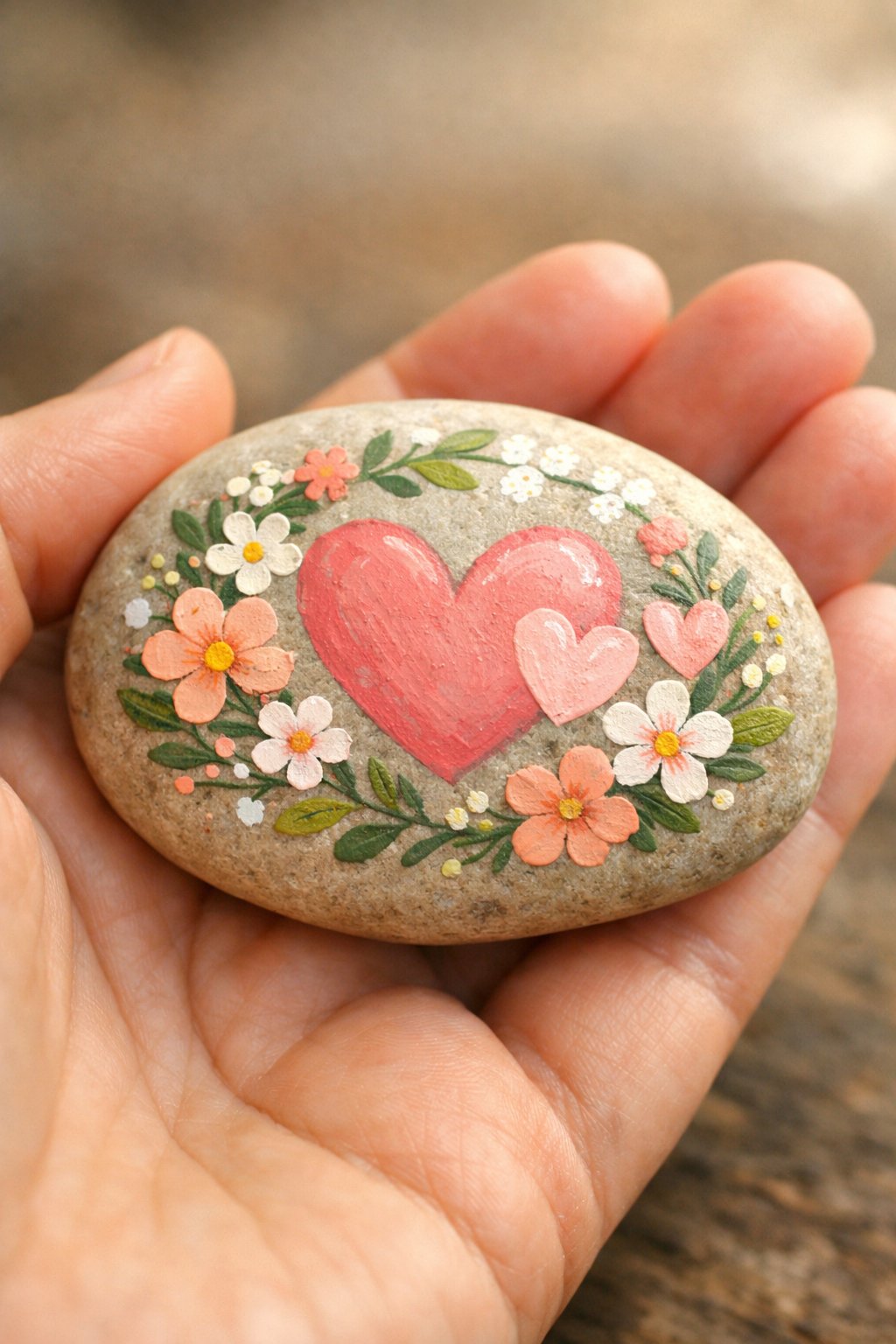 A hand holds a smooth stone painted with pink hearts and surrounded by small, colorful flowers and green leaves.