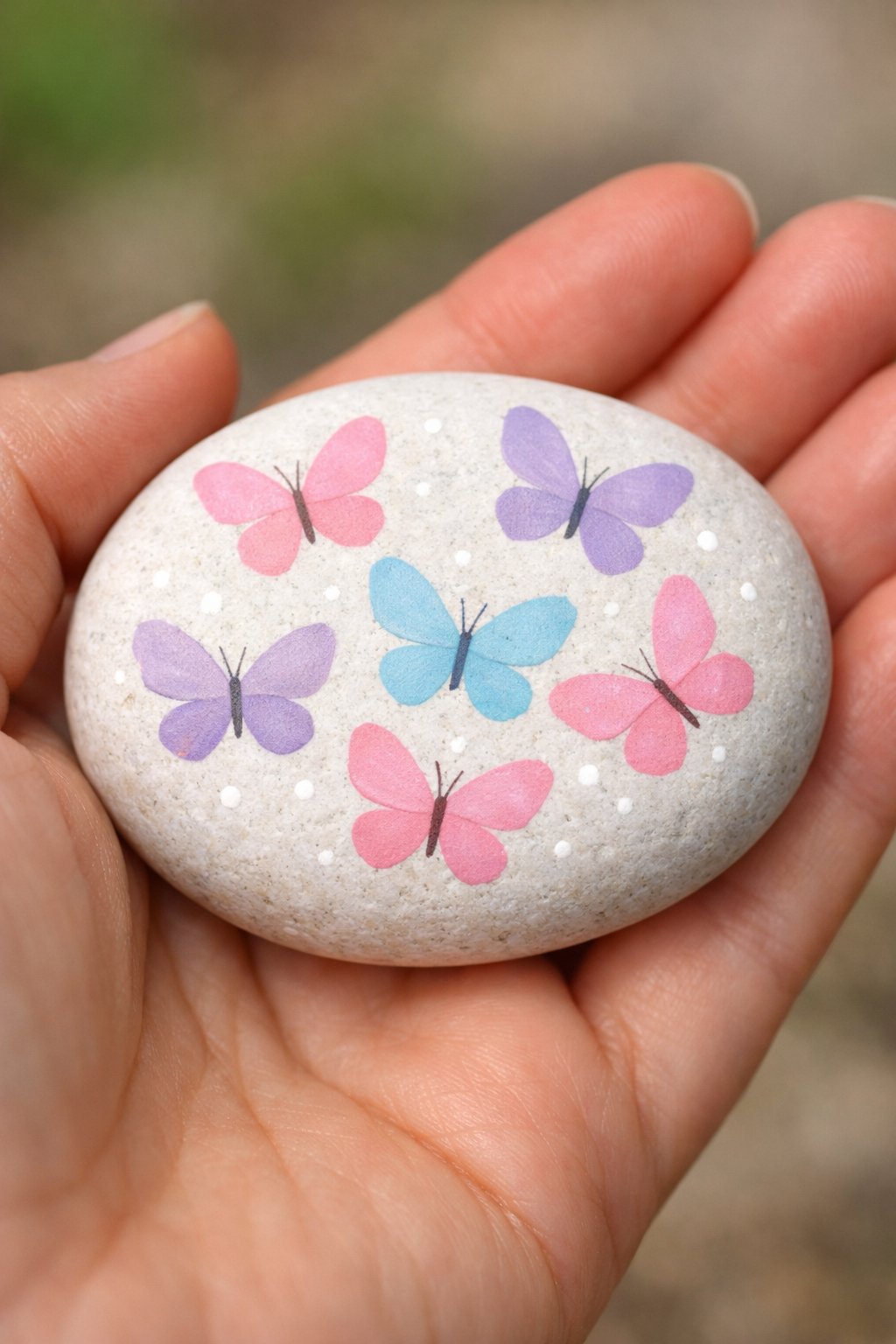 A hand holding a smooth stone painted with five colorful butterflies—three pink, one blue, and one purple—surrounded by small white dots.