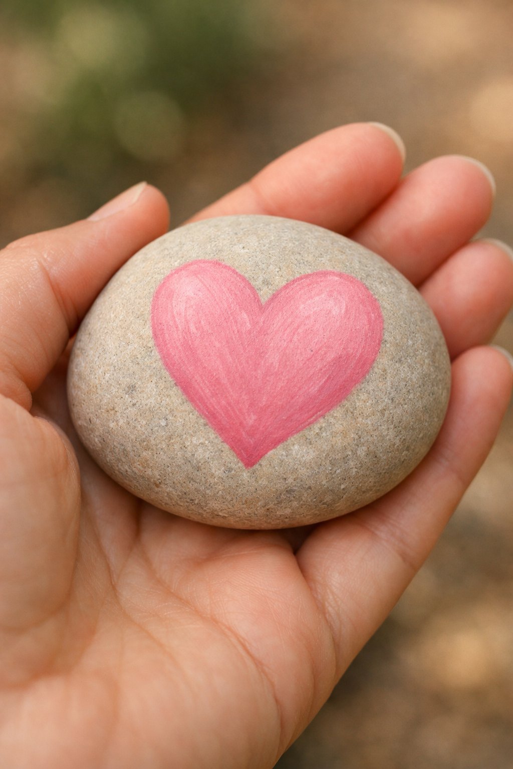 A hand holding a smooth, light-colored stone with a pink heart painted on it. The background is blurred, drawing attention to the stone and the hand.
