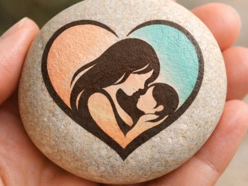 A hand holds a smooth stone painted with an illustration of a mother and child inside a heart, featuring soft peach and teal colors in the background.