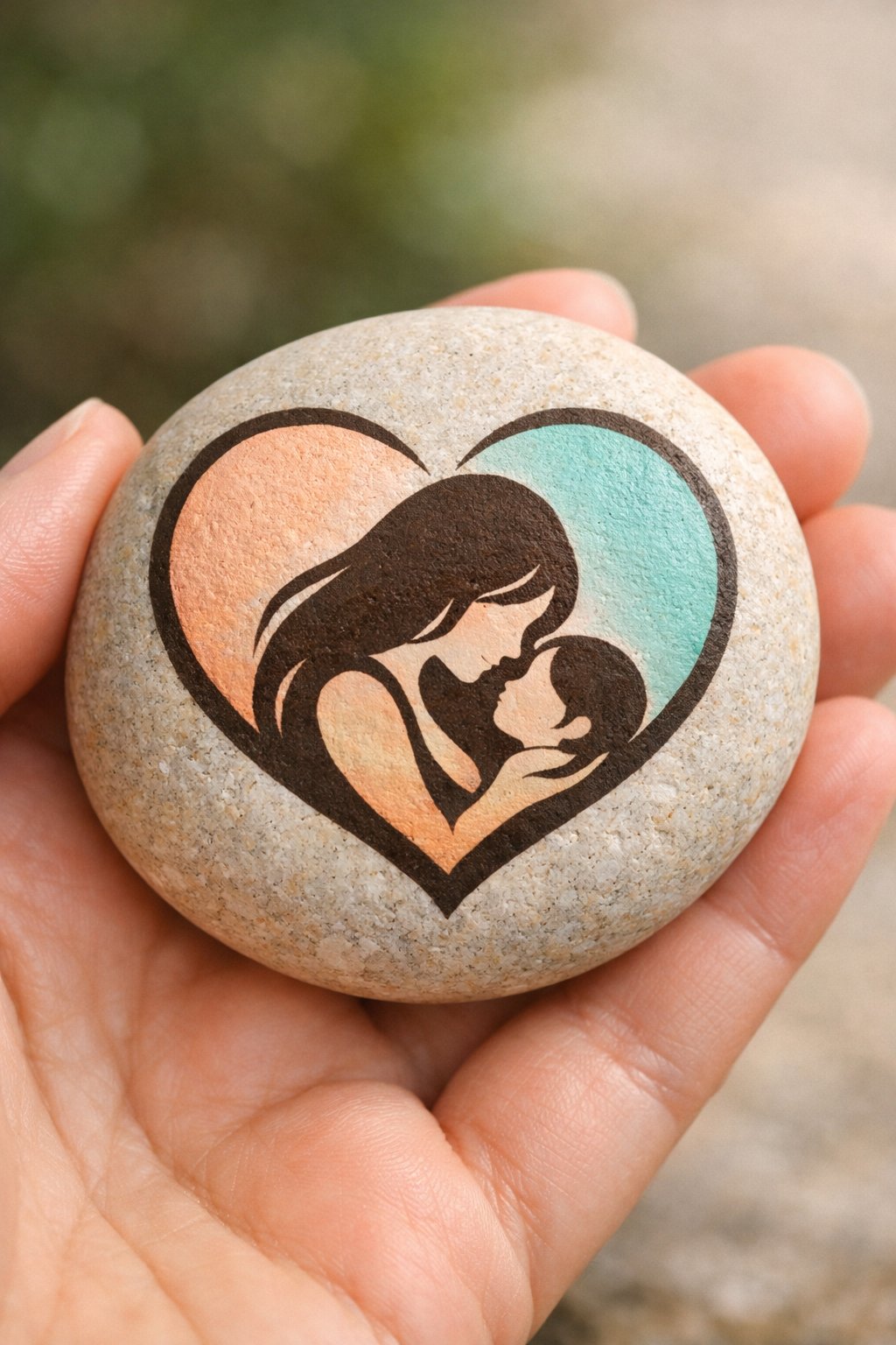 A hand holds a smooth stone painted with an illustration of a mother and child inside a heart, featuring soft peach and teal colors in the background.
