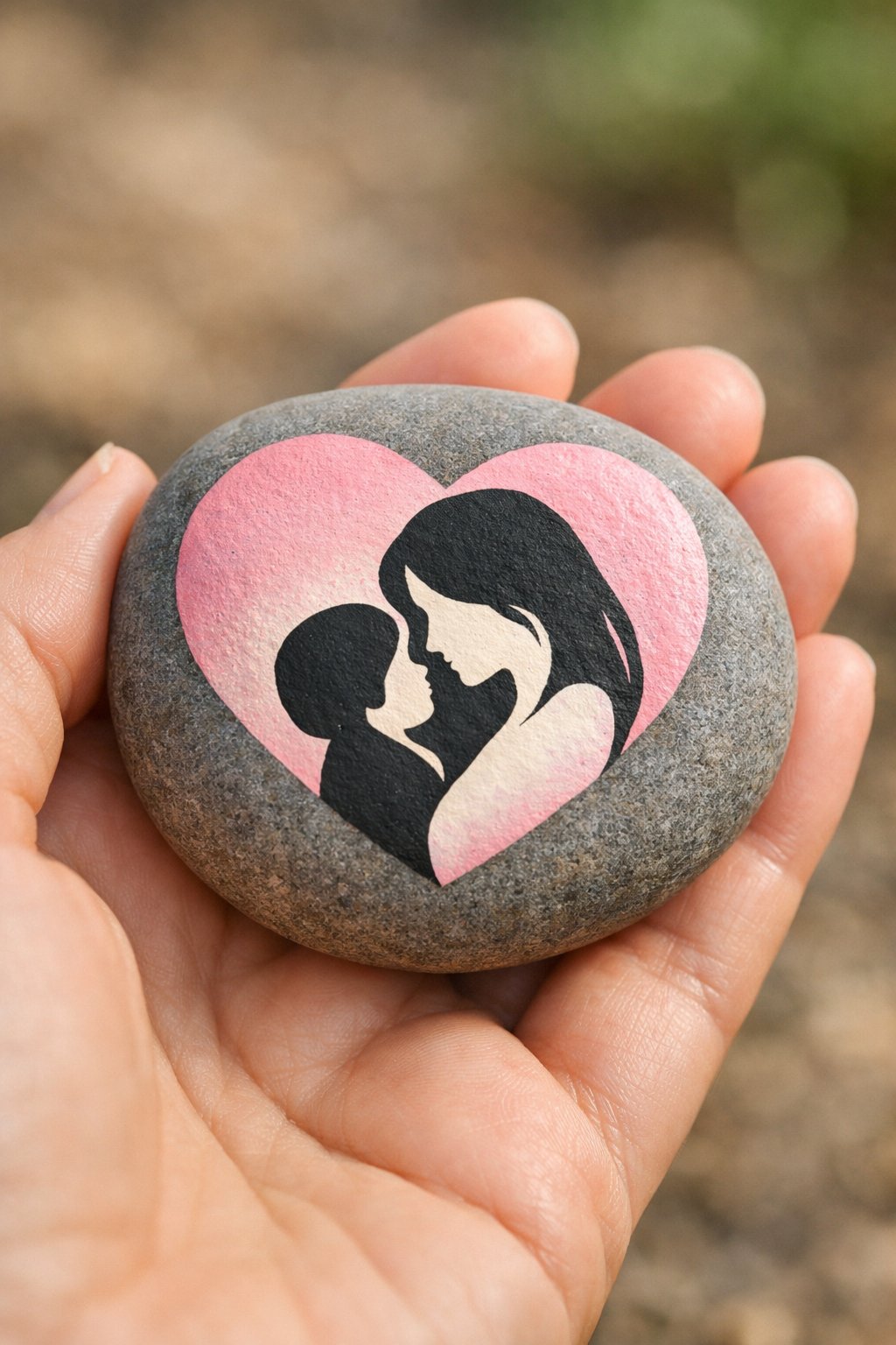 A hand holds a smooth stone painted with a pink heart framing a black silhouette of a woman and child facing each other, symbolizing love and connection.