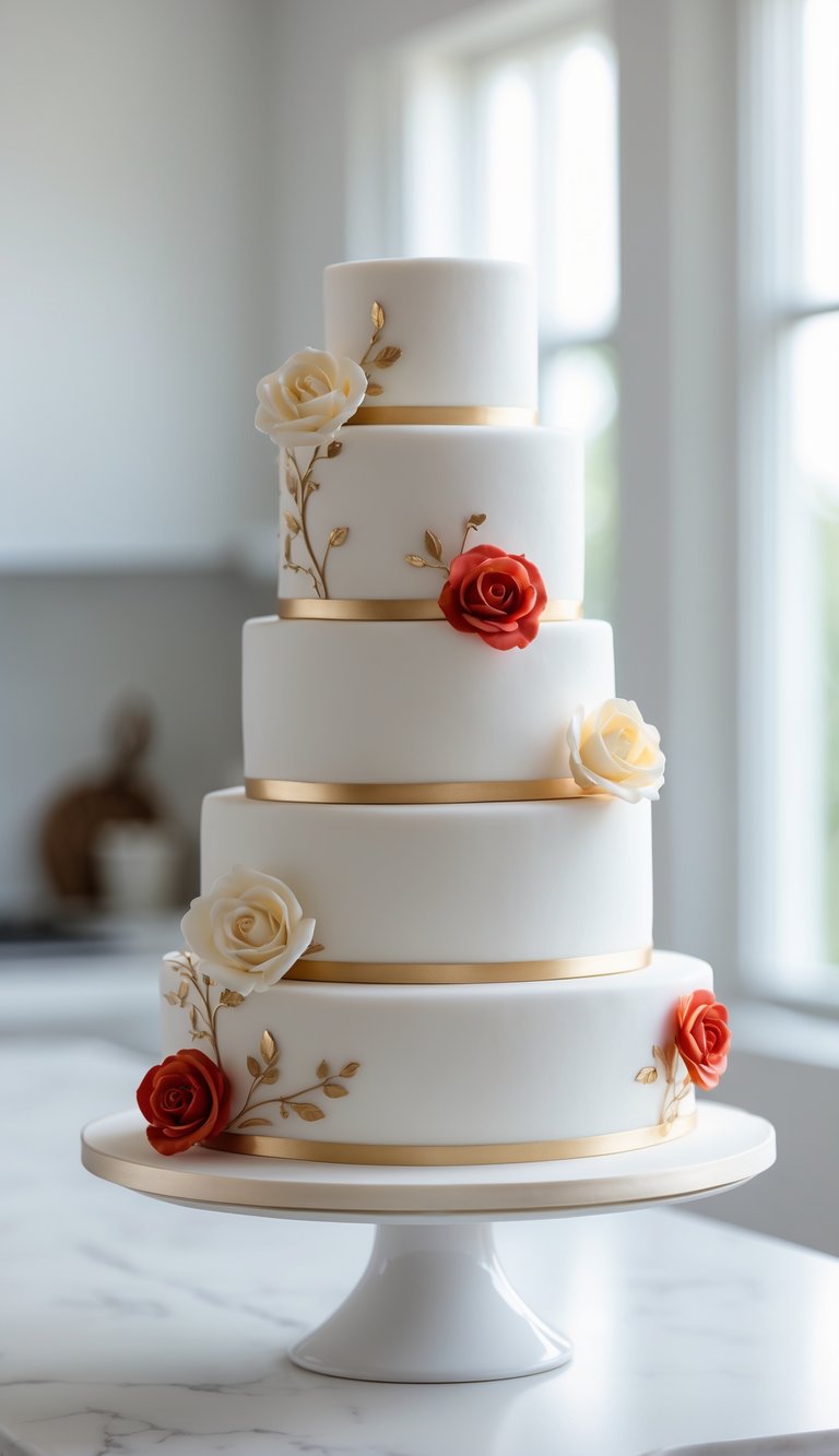 Three-tier white cake with gold and red roses on a cake stand in a bright home kitchen.