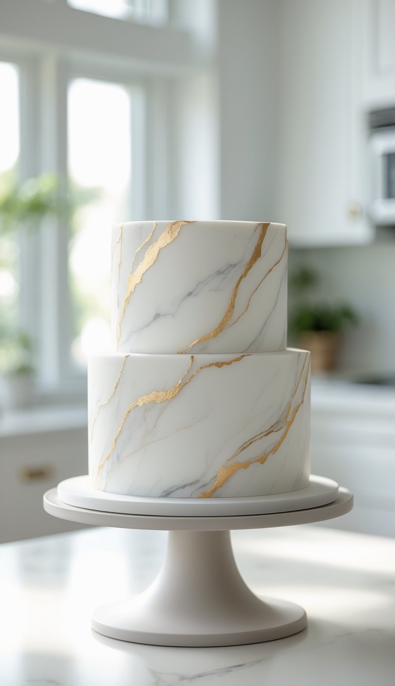 Two-tier white marbled cake with gold accents on a cake stand in a bright home kitchen.