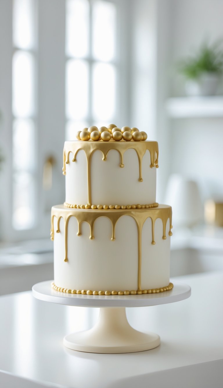Two-tier gold and white cake with white chocolate drip and small gold balls on top, displayed on a cake stand in a bright home kitchen.