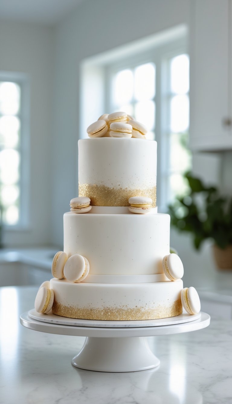 A two-tier white cake with gold glitter accents and white macarons on a cake stand in a bright home kitchen.