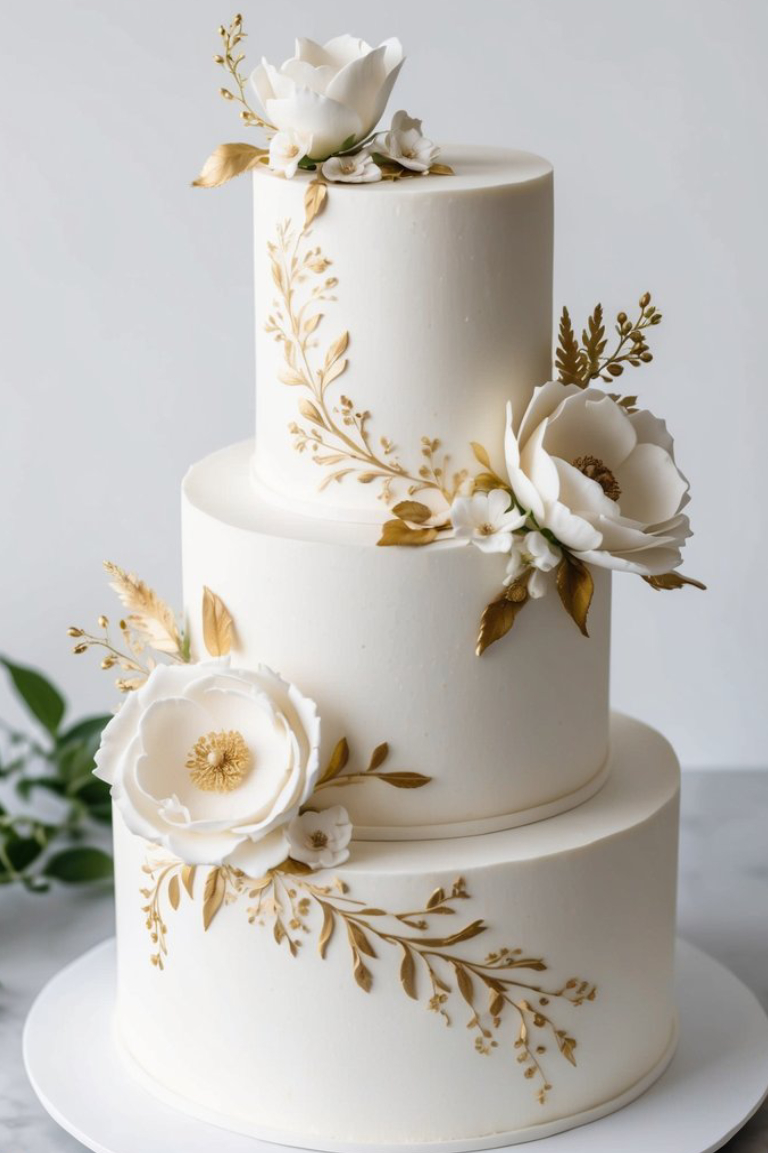A three-tiered white cake decorated with elegant gold leaves and branches, adorned with large white sugar flowers on each tier, displayed on a white surface.